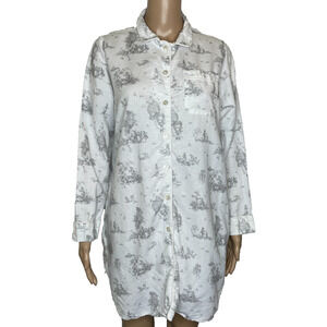 Women's Medium Ann Mashburn White Linen Blend Toile Button Front Lounge Shirt